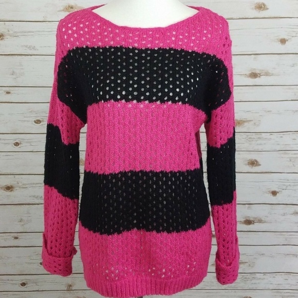 It's Our Time Women's Pink/Black Stripe Sweater M - Picture 1 of 6